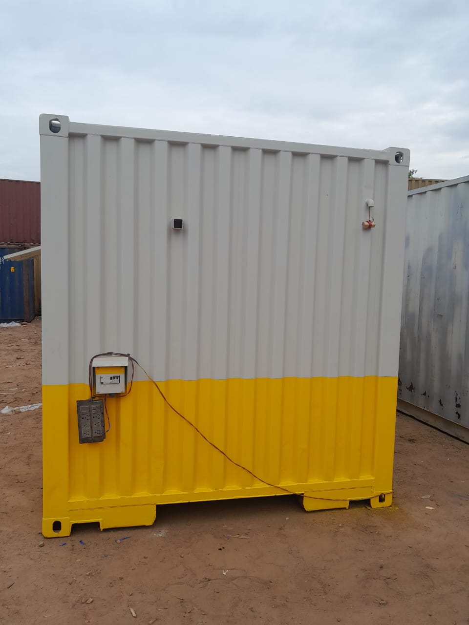Container home exterior at sunset